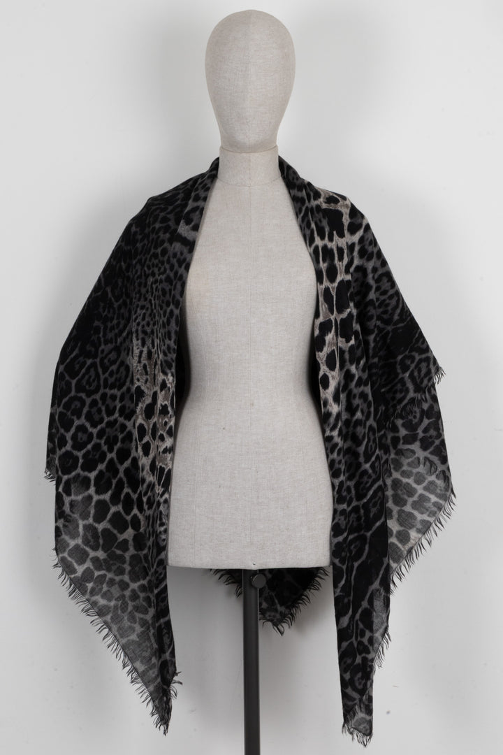 SAINT LAURENT Rive Gauche Cheetah Print Scarf Wool Grey