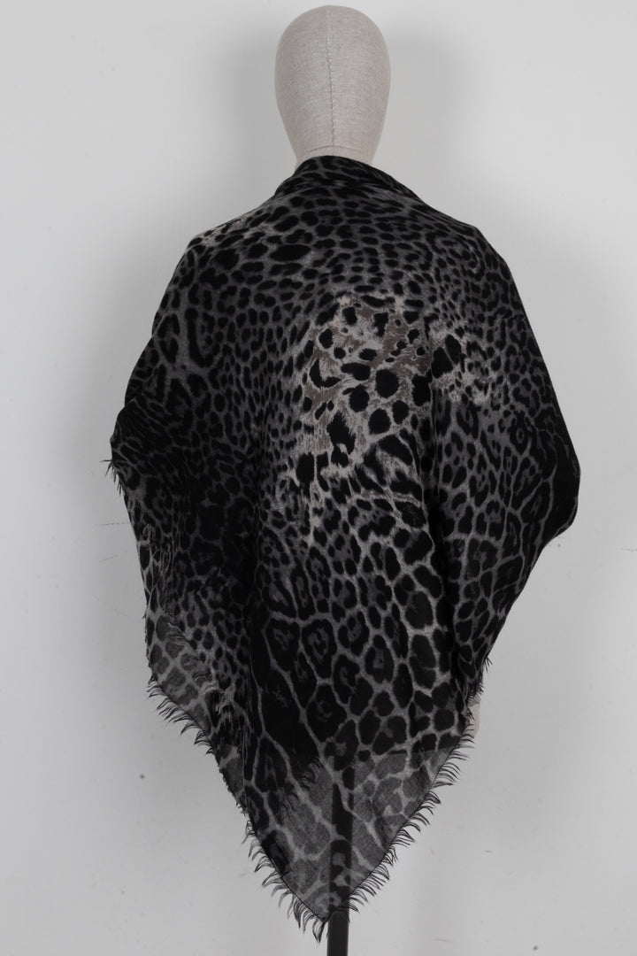 SAINT LAURENT Rive Gauche Cheetah Print Scarf Wool Grey