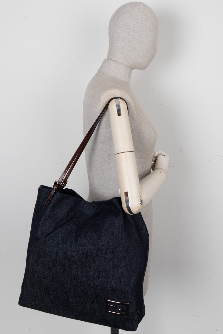 FENDI Logo Denim Hobo Bag Blue