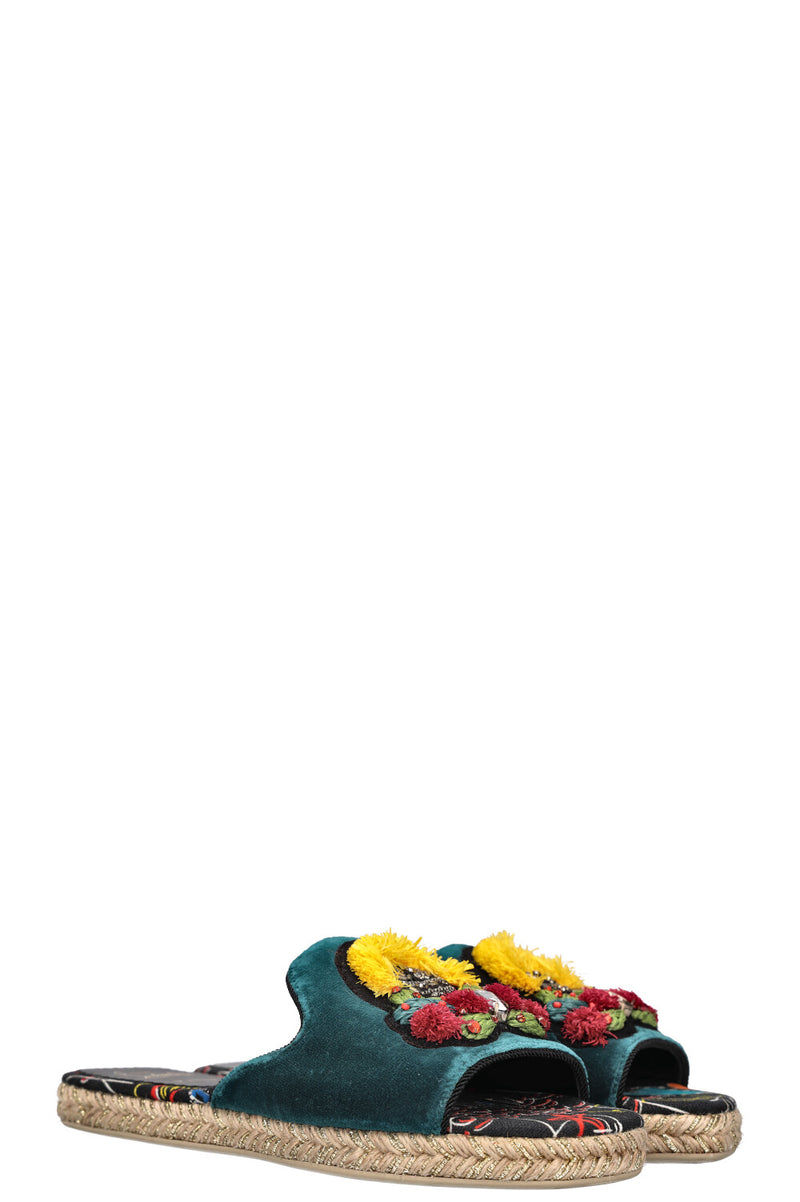 CHRISTIAN LOUBOUTIN Pacha Slides Sandals Velvet Petrol
