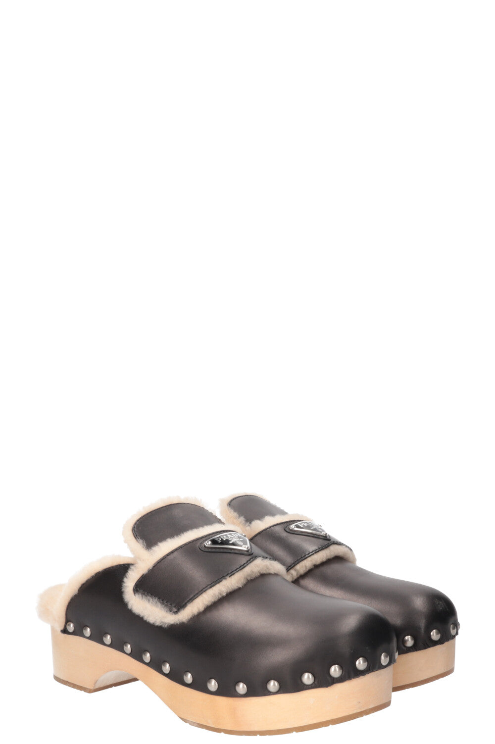 PRADA Shearling Logo Clogs Black