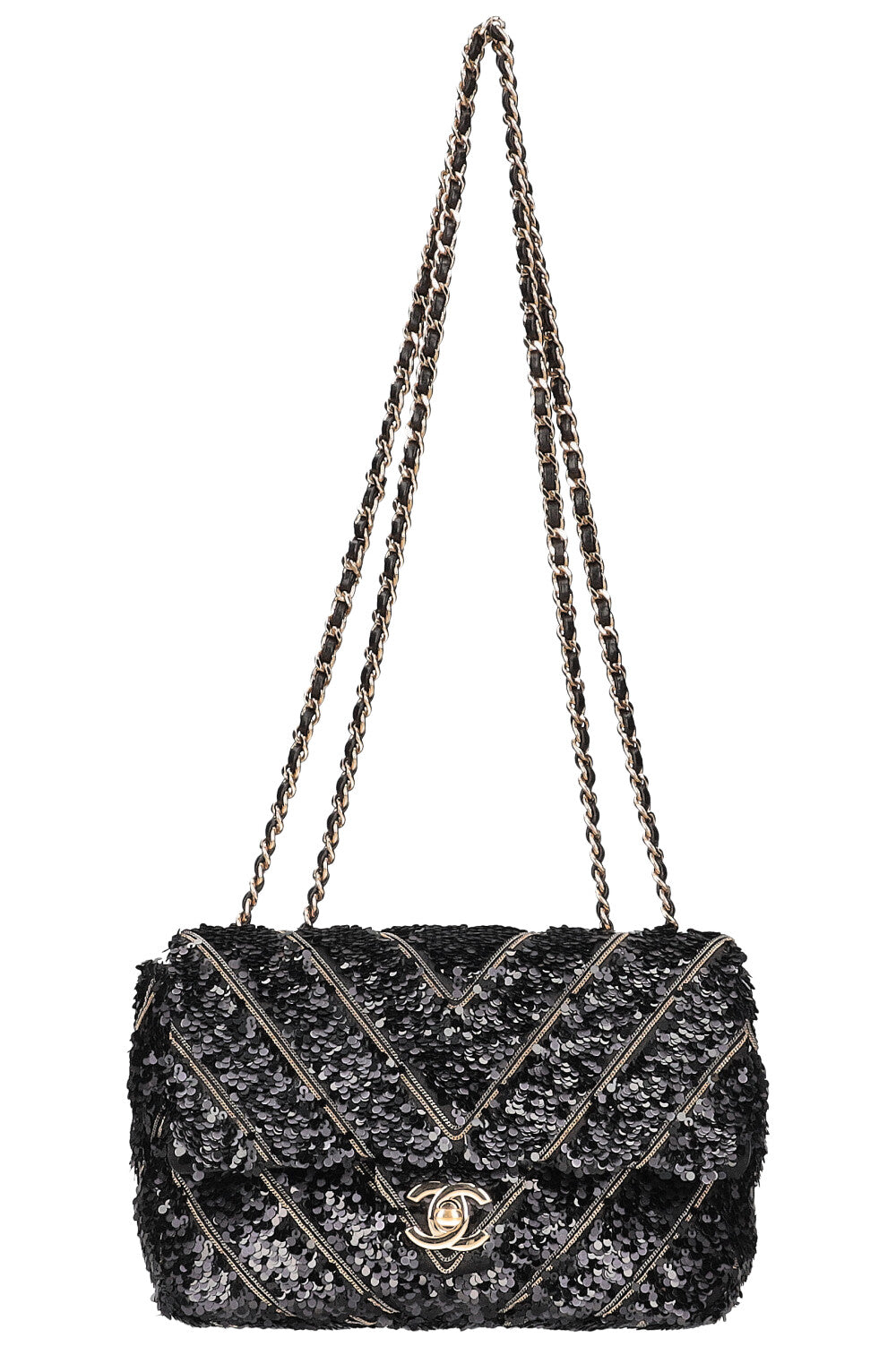 CHANEL Single Flap Bag Sequin Black