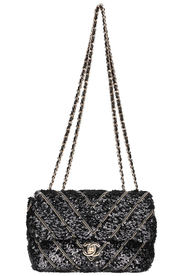 CHANEL Sac à rabat unique Paillette Noir