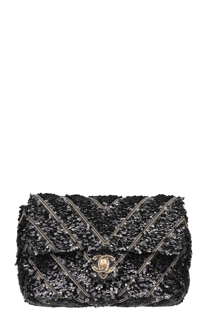 CHANEL Single Flap Bag Sequin Black