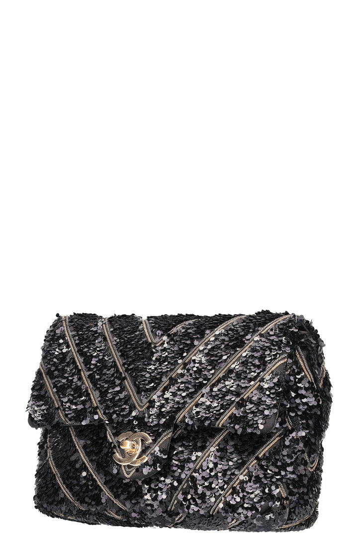 CHANEL Single Flap Bag Sequin Black