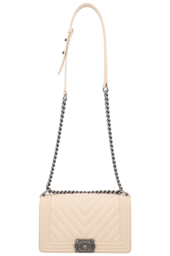 CHANEL Medium Boy Bag Chevron Quilted Stitch Ivory REAWAKE