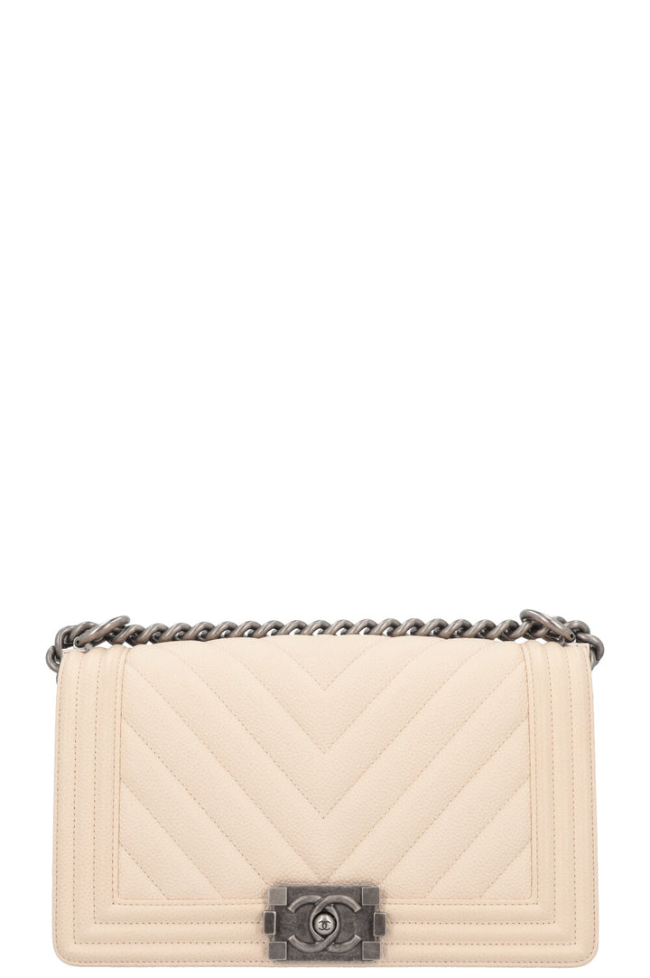CHANEL Medium Boy Bag Chevron Quilted Stitch Ivory