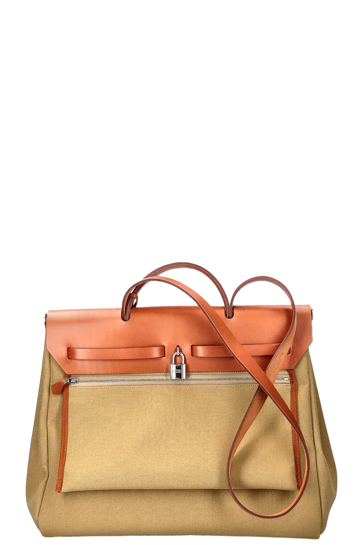 HERMÈS Herbag Zip 39 Toile Officier Green-Beige