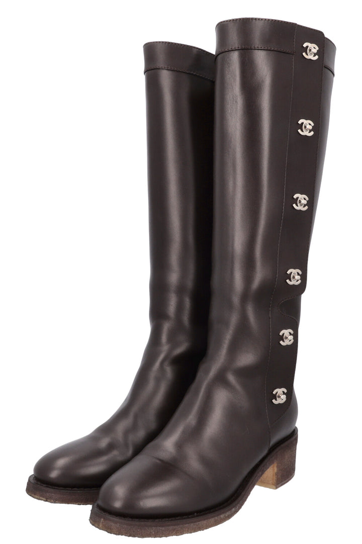 CHANEL Turnlock CC Knee High Boots Brown
