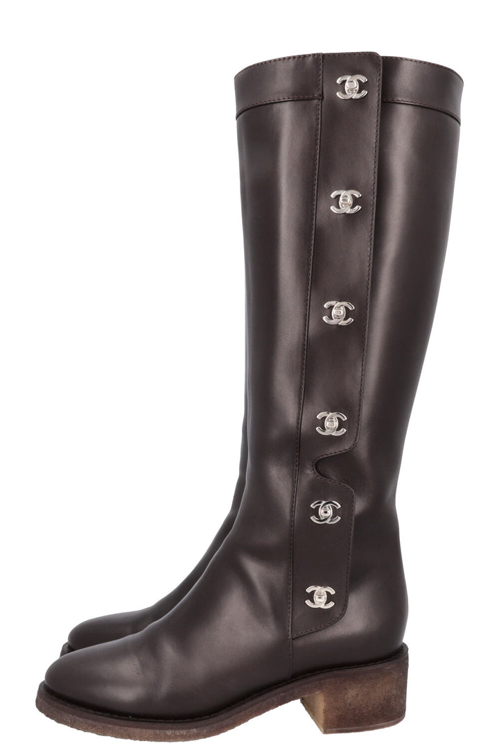 CHANEL Turnlock CC Knee High Boots Brown