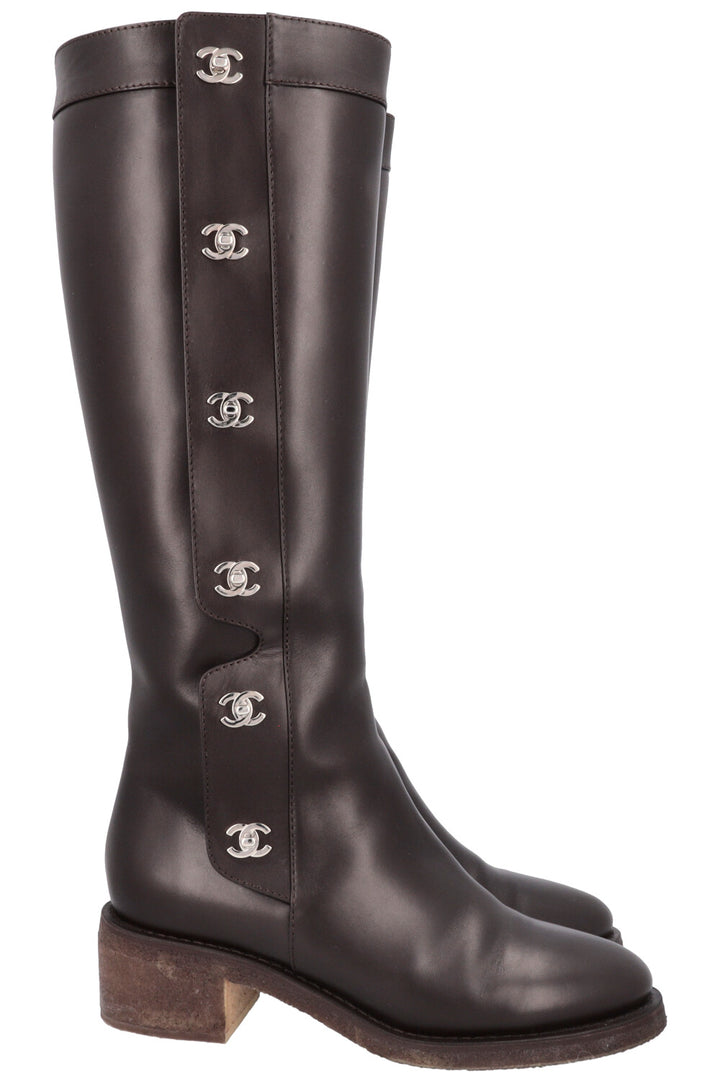 CHANEL Turnlock CC Knee High Boots Brown