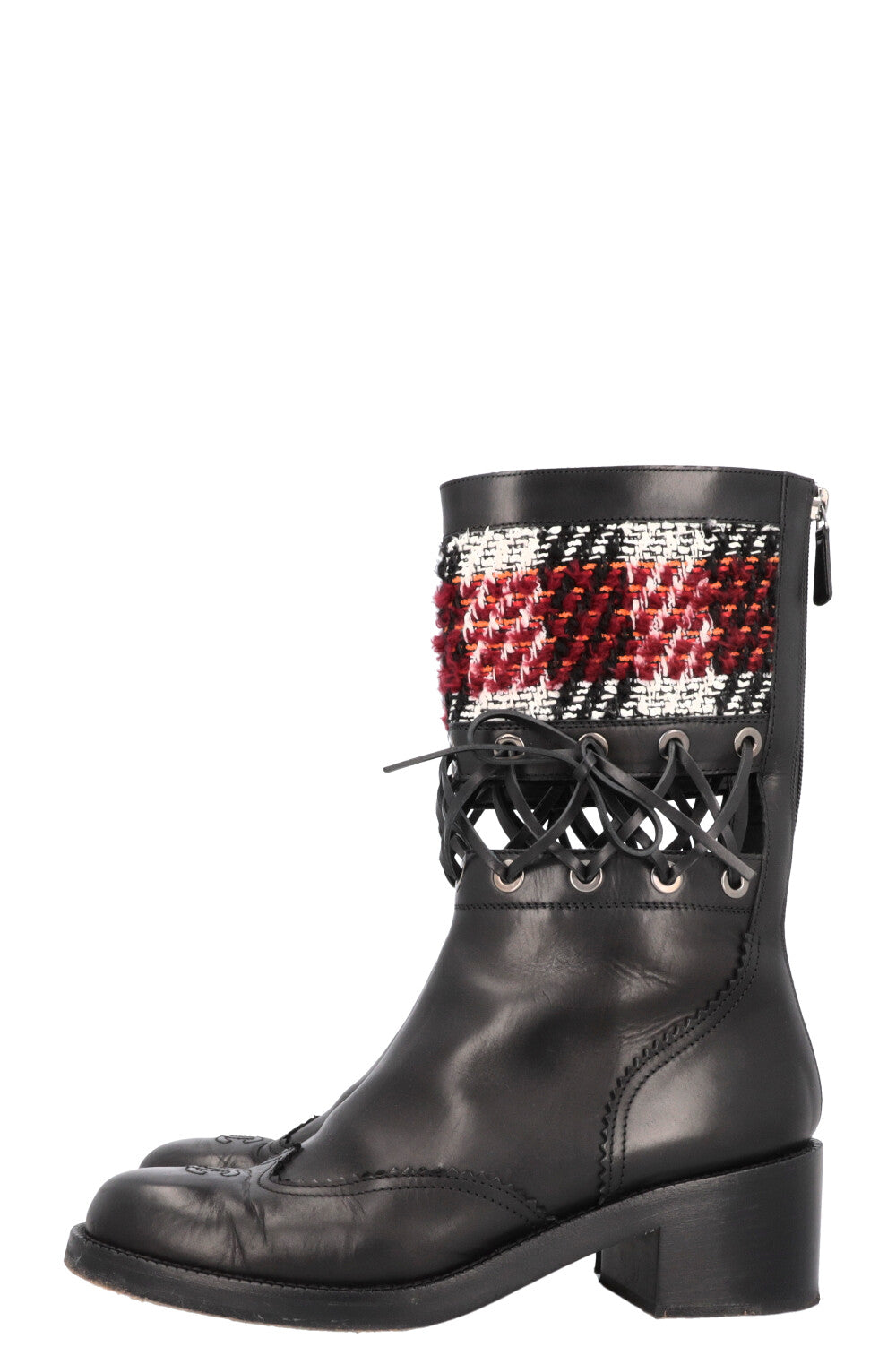 CHANEL 2016 CC Cut Out Tweed Mid Calf Boots Black