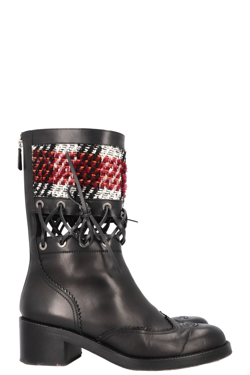 CHANEL 2016 CC Cut Out Tweed Mid Calf Boots Black REAWAKE