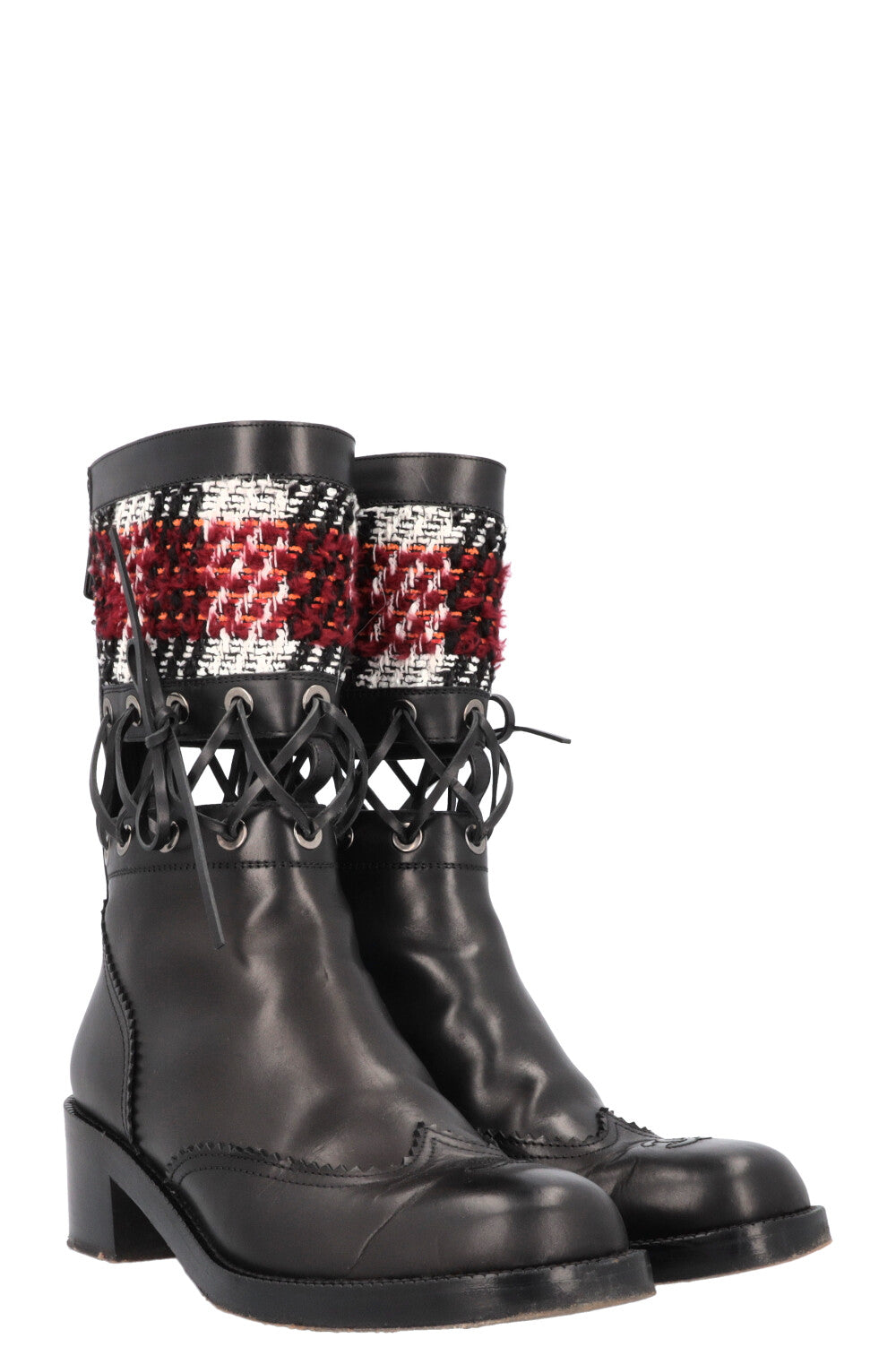 CHANEL 2016 CC Cut Out Tweed Mid Calf Boots Black
