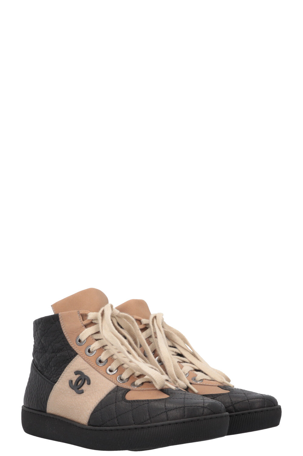 CHANEL CC High Top Sneakers Nubuck Beige Black