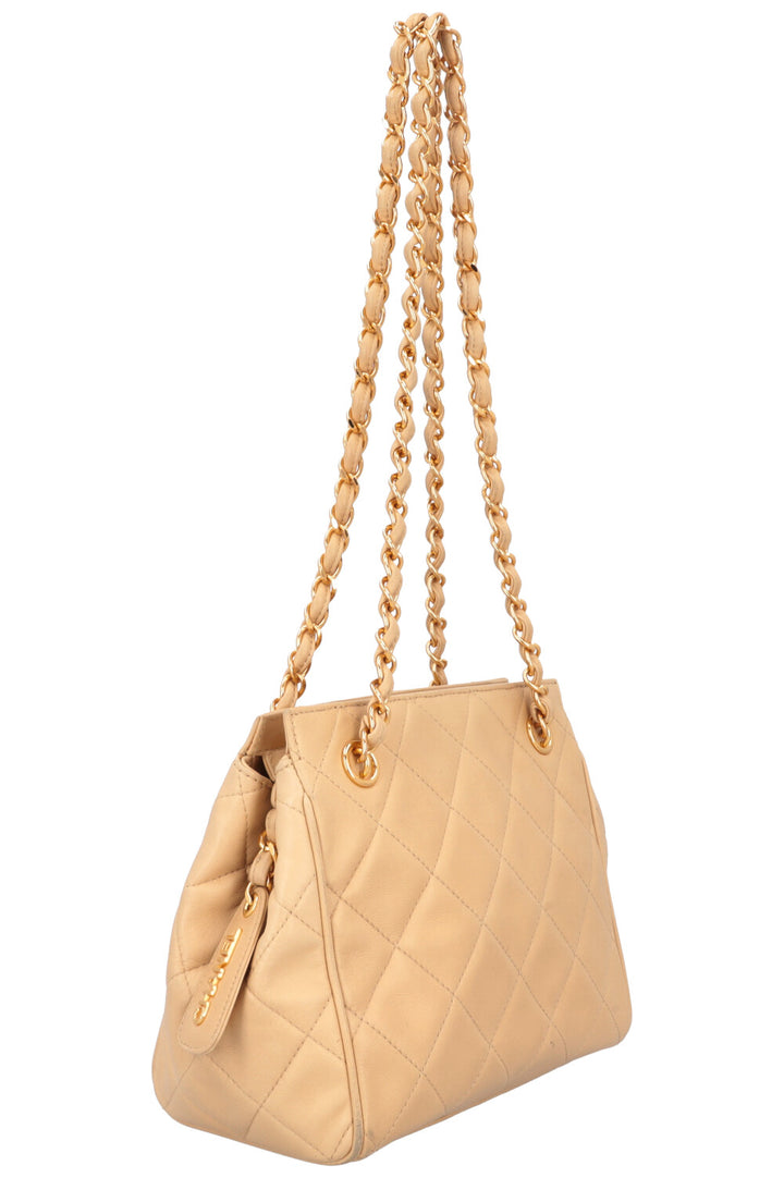 CHANEL Quilted Logo Shoulder Bag Beige