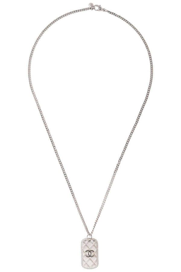CHANEL 2009 Quilted Dog Tag CC Necklace Silver