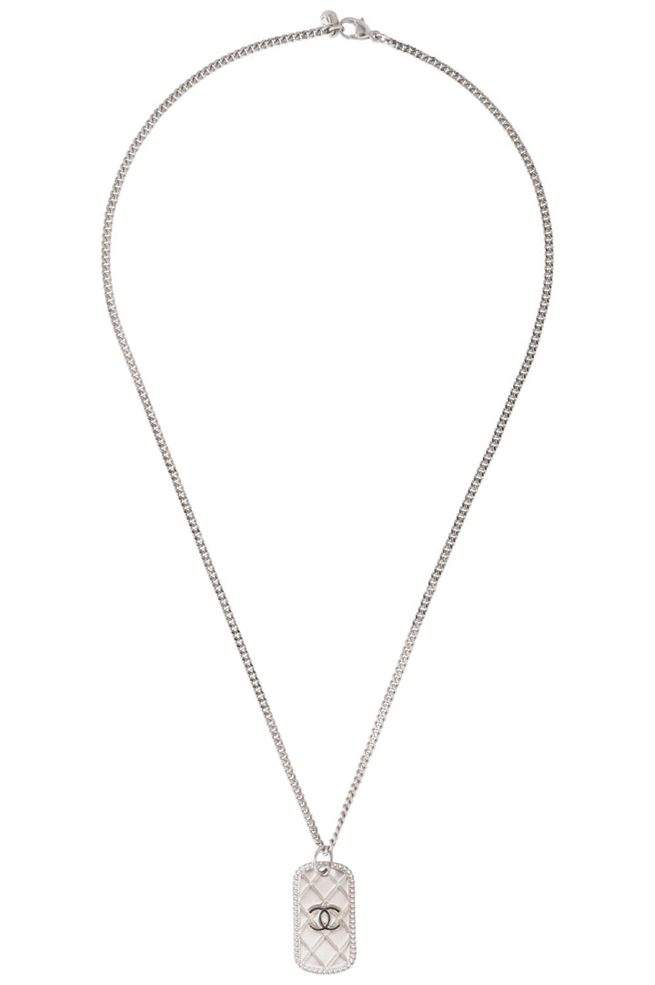 CHANEL 2009 Quilted Dog Tag CC Necklace Silver