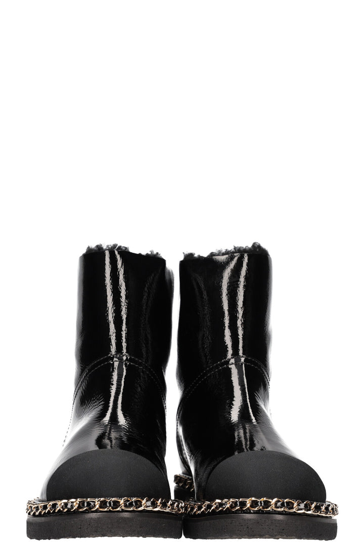 CHANEL Shearling Chain Boots Patent Black
