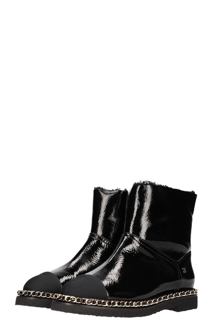 CHANEL Shearling Chain Boots Patent Black