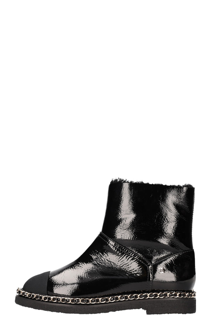 CHANEL Shearling Chain Boots Patent Black