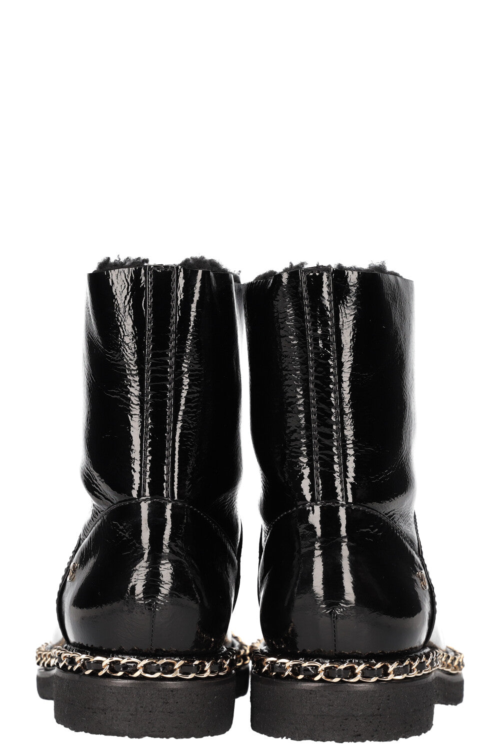 CHANEL Shearling Chain Boots Patent Black