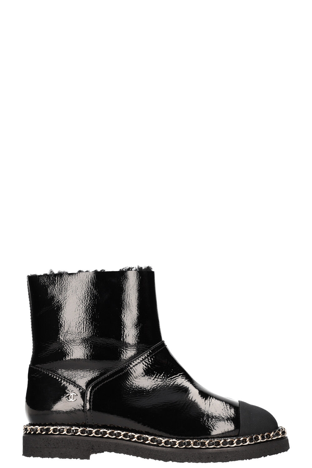 CHANEL Shearling Chain Boots Patent Black