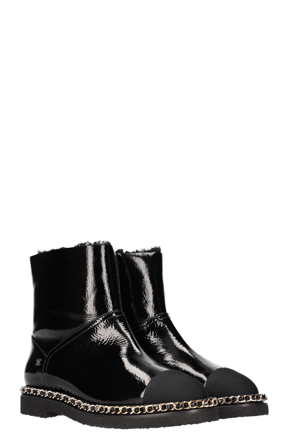 CHANEL Shearling Chain Boots Patent Black