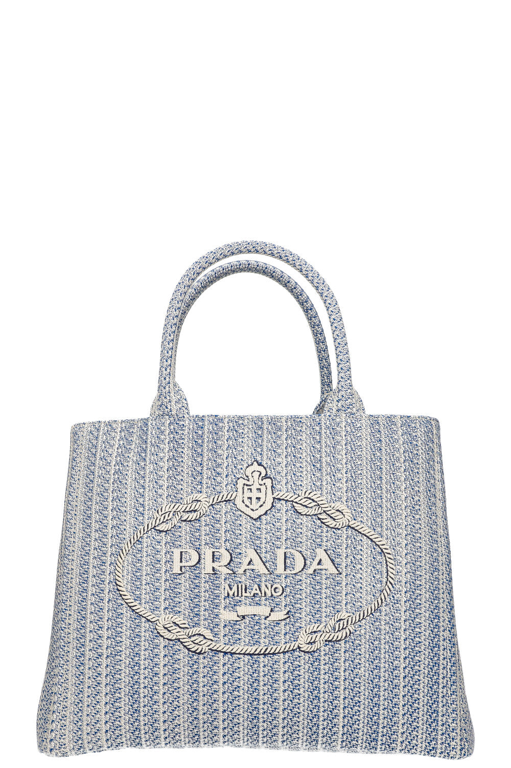 PRADA Logo Shopping Tote Ricamo Jacquard Baltico + Talc