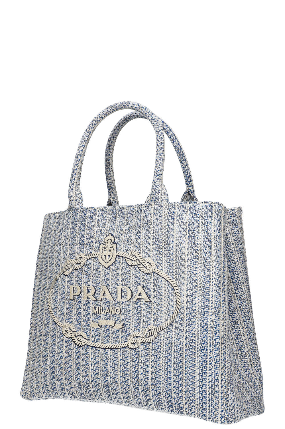 PRADA Logo Shopping Tote Ricamo Jacquard Baltico + Talc