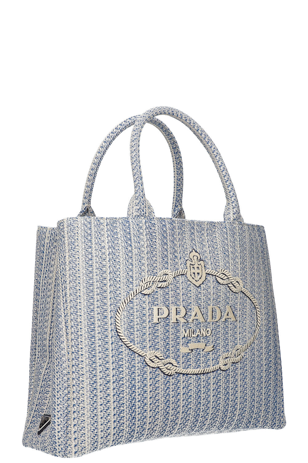 PRADA Logo Shopping Tote Ricamo Jacquard Baltico + Talc