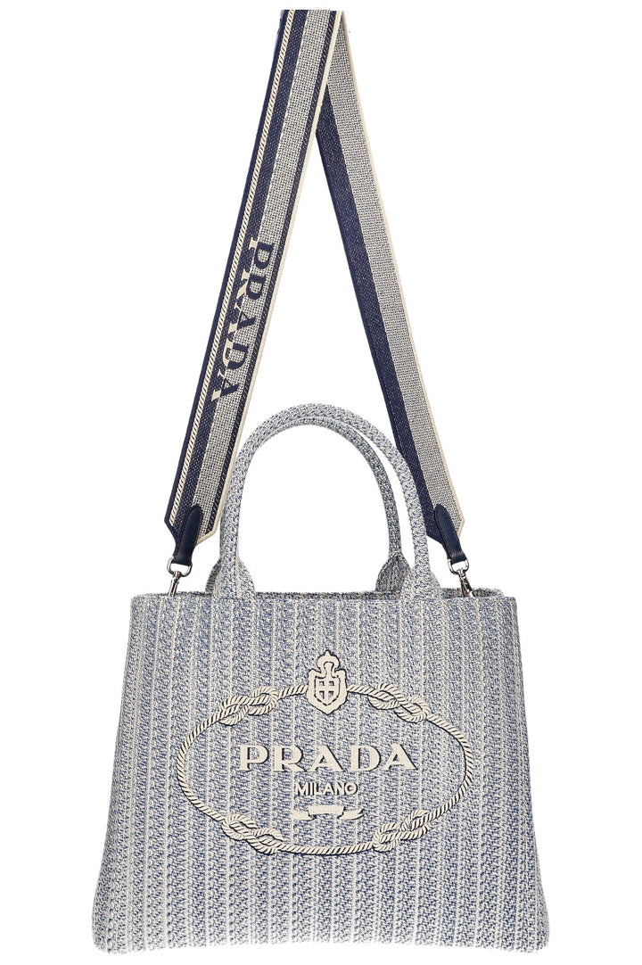 PRADA Logo Shopping Tote Ricamo Jacquard Baltico + Talc