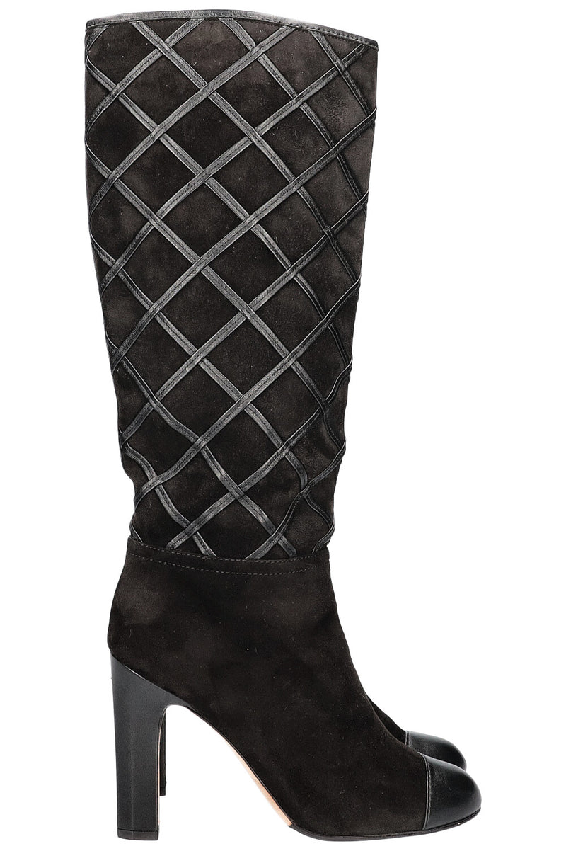 CHANEL Boots Diamond Stiching Leather Black