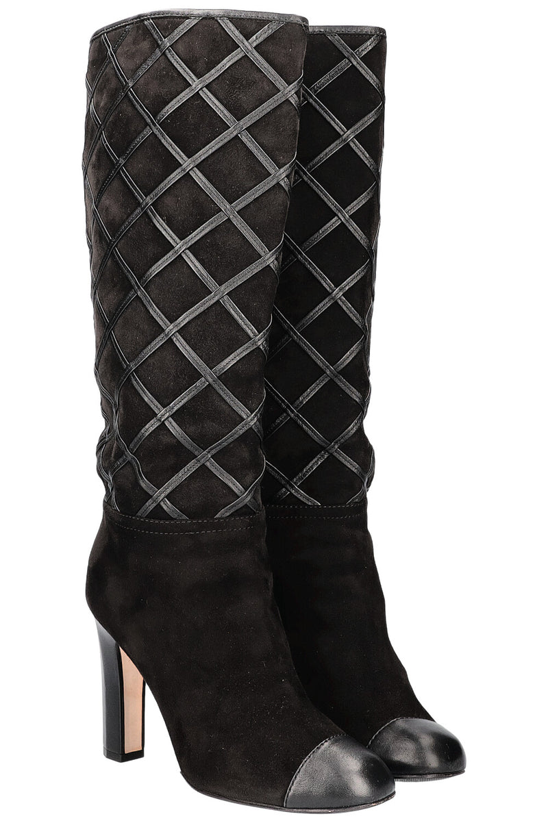 CHANEL Boots Diamond Stiching Leather Black