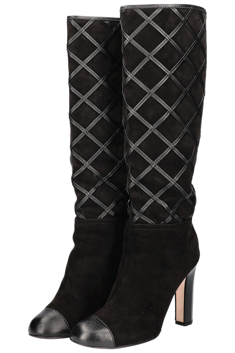 CHANEL Boots Diamond Stiching Leather Black