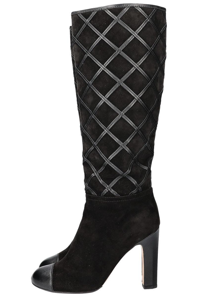 CHANEL Boots Diamond Stiching Leather Black