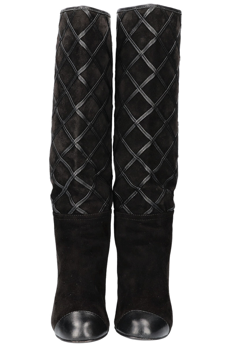 CHANEL Boots Diamond Stiching Leather Black