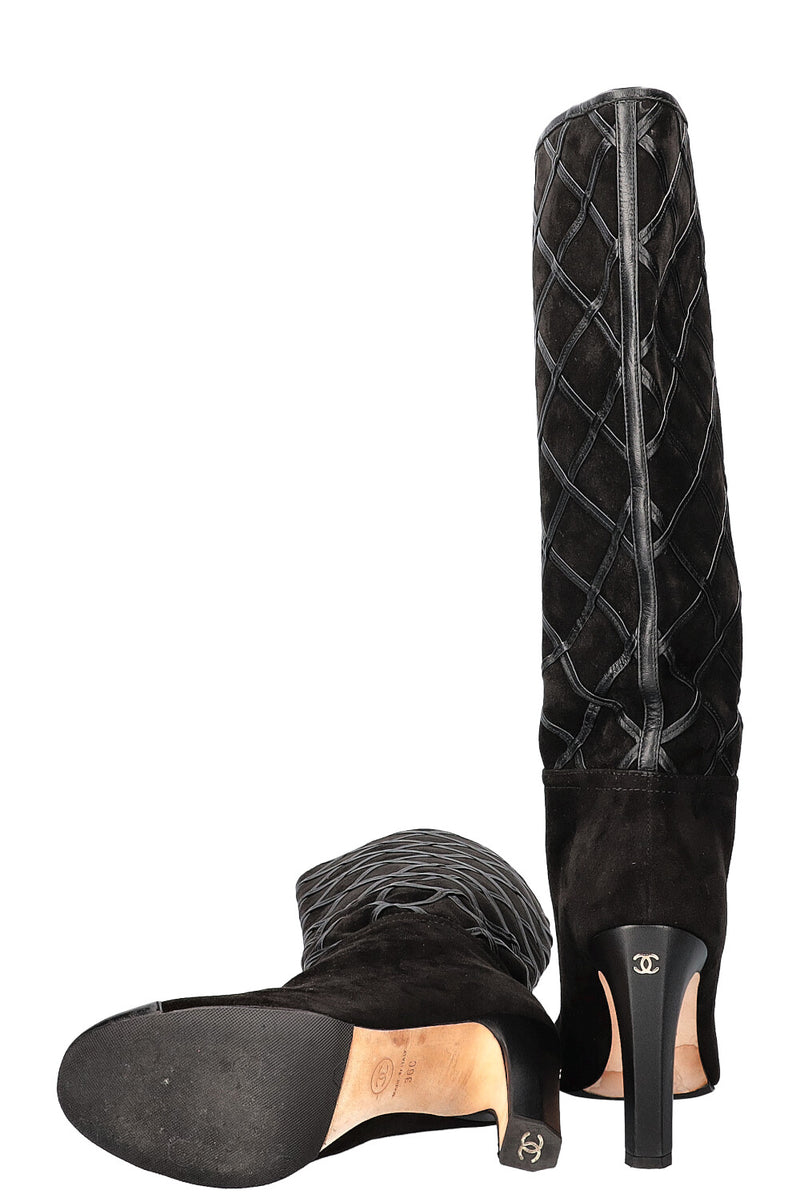 CHANEL Boots Diamond Stiching Leather Black