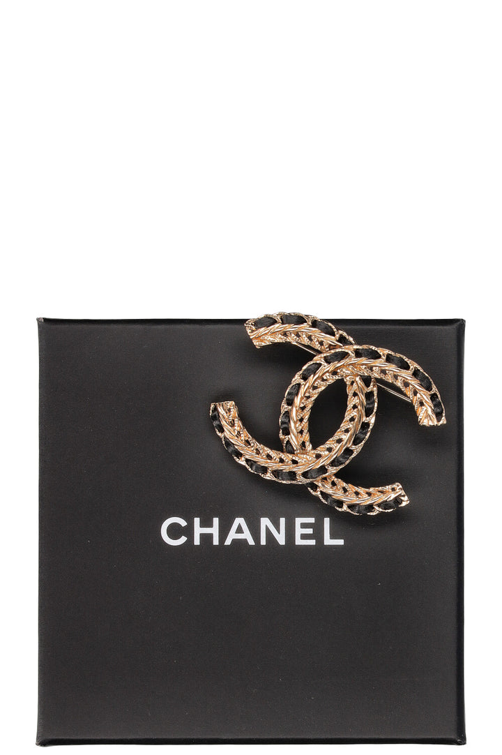 CHANEL Brooch CC Leather Chain Champagnergold