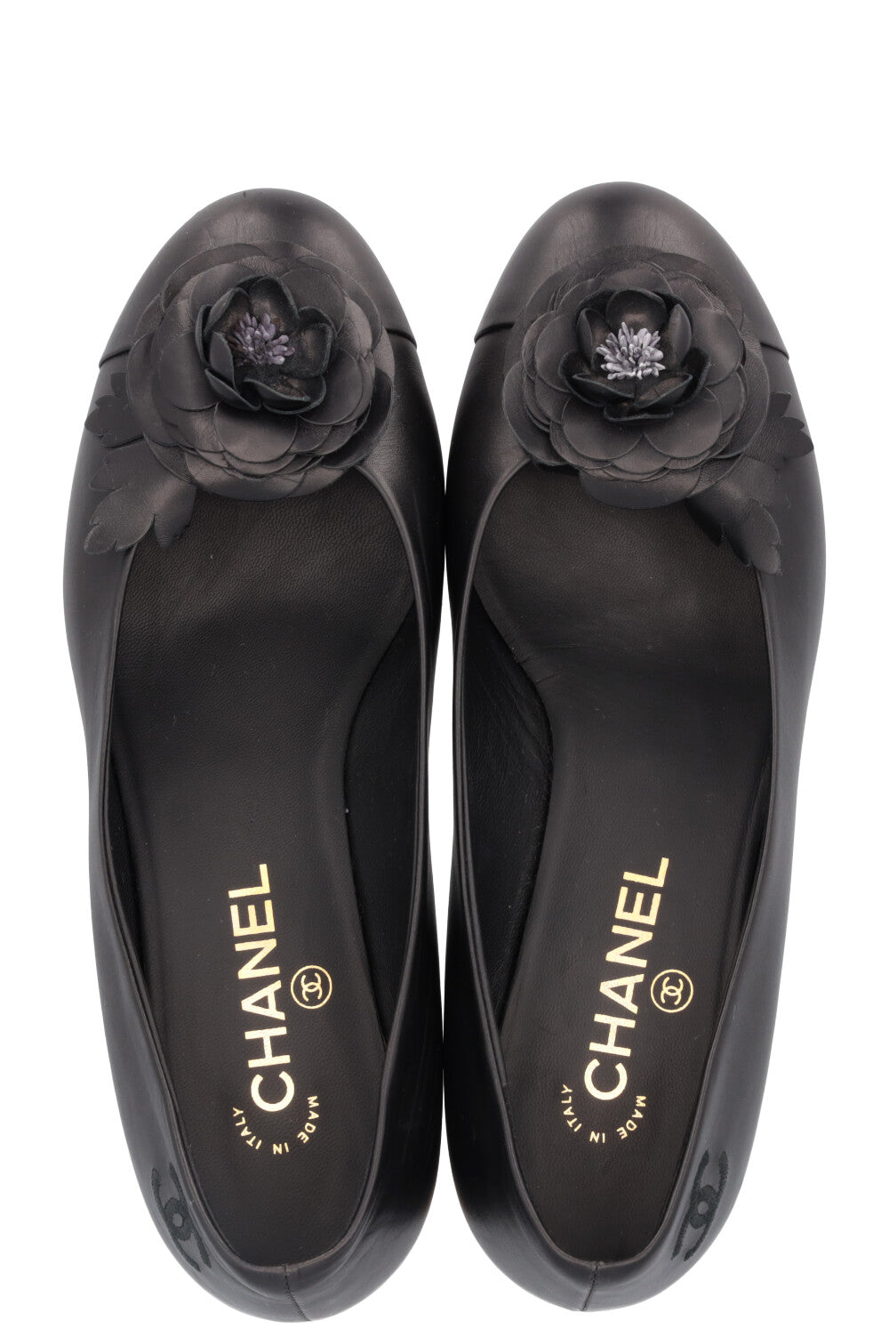 CHANEL 2015 Camellia Quilted Gold Heels Black