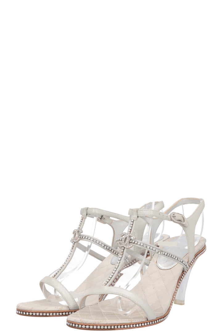 CHANEL Plexy Heel Crystal CC Sandals Silver
