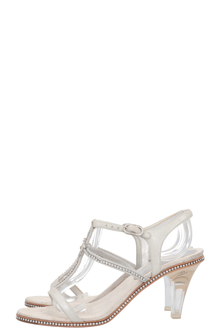 CHANEL Plexy Heel Crystal CC Sandals Silver