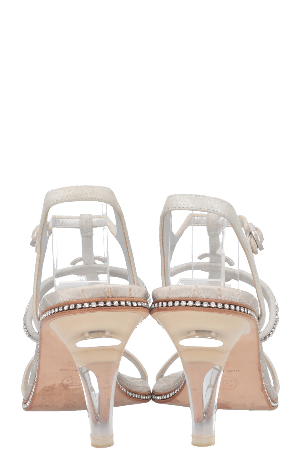 CHANEL Plexy Heel Crystal CC Sandals Silver
