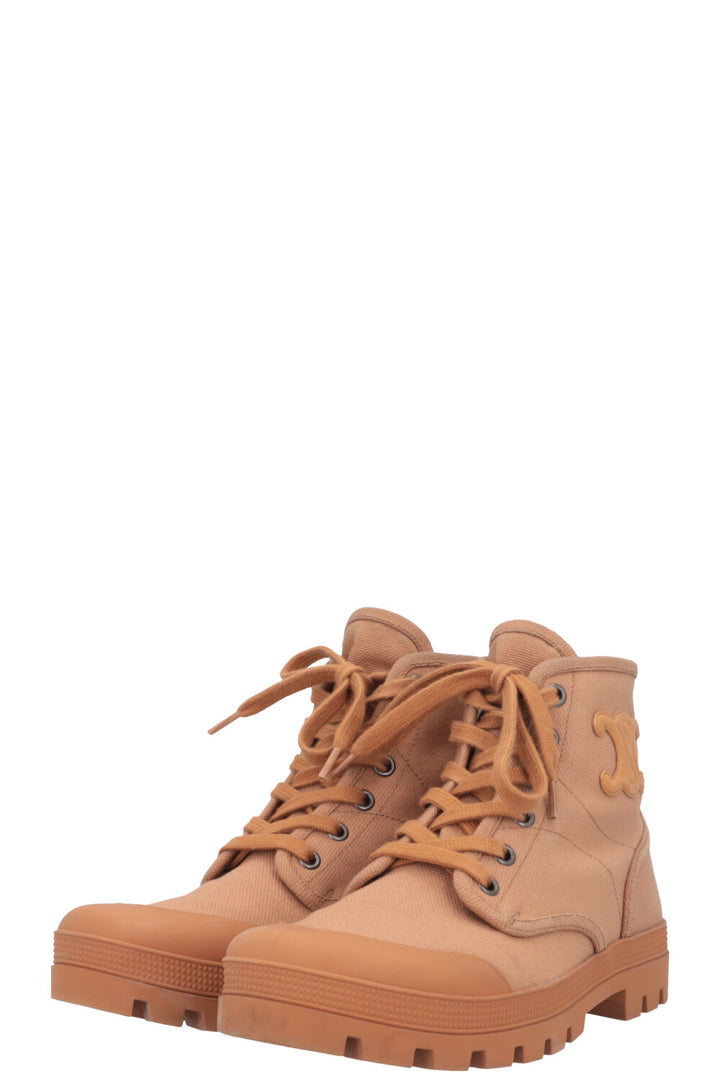 CELINE Patapans Ankle Boots Cognac Canvas PVC