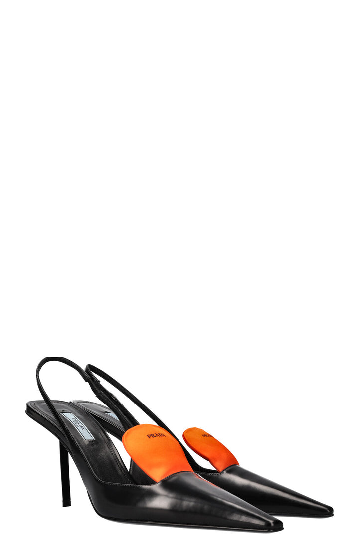 PRADA Slingback Heels Logo Tongue Neon Orange Black