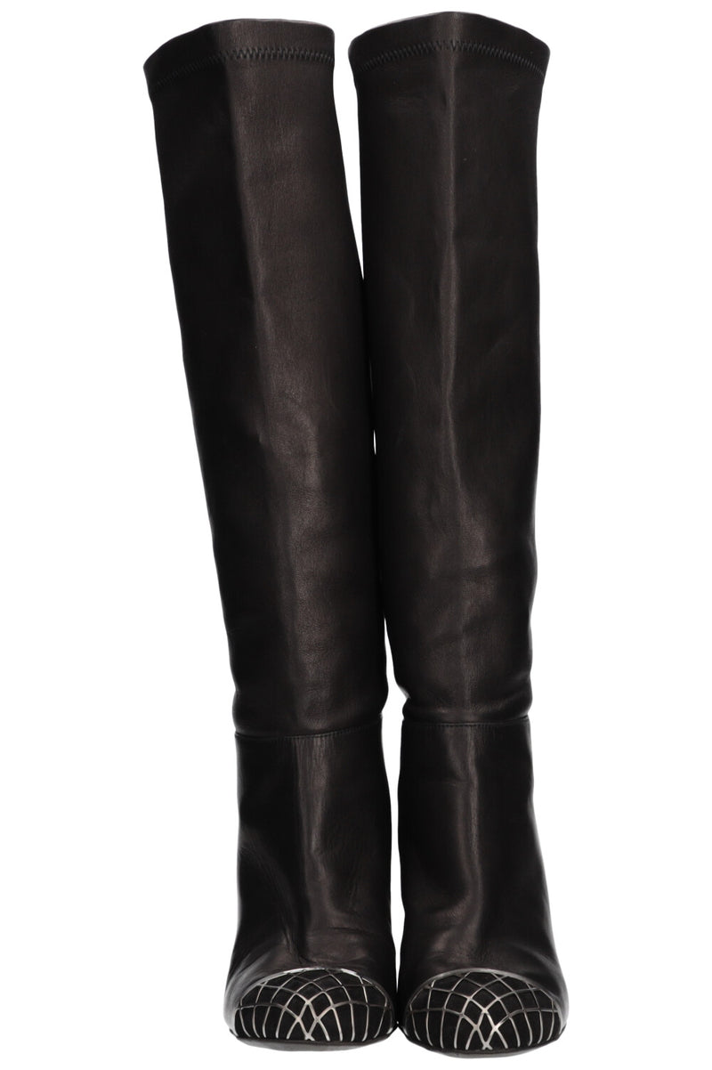 CHANEL Metal Cap Toe Boots Leather Black