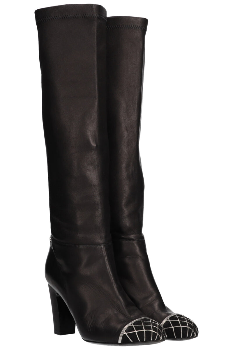 CHANEL Metal Cap Toe Boots Leather Black