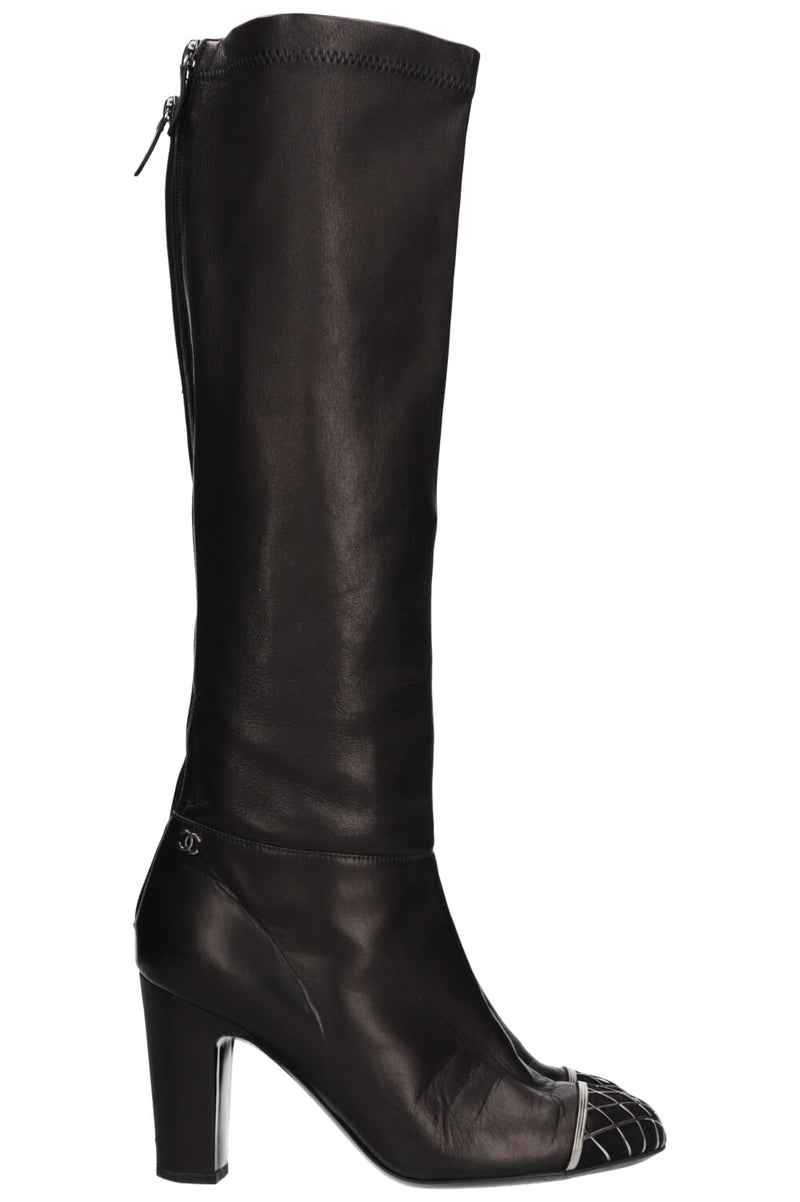 CHANEL Metal Cap Toe Boots Leather Black