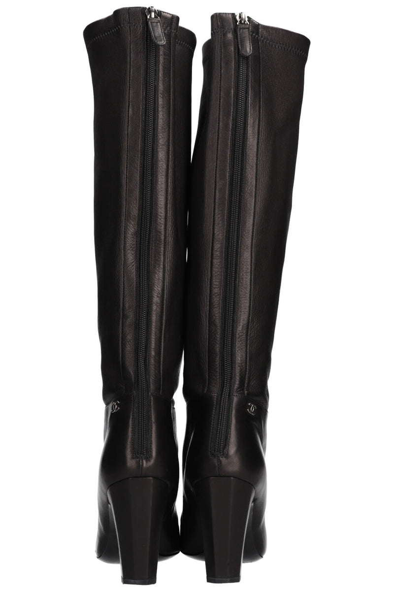 CHANEL Metal Cap Toe Boots Leather Black