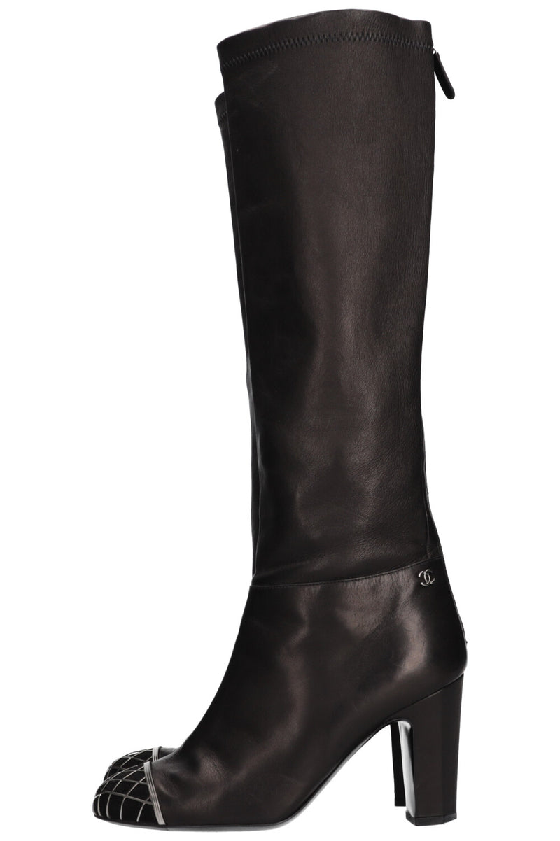 CHANEL Metal Cap Toe Boots Leather Black